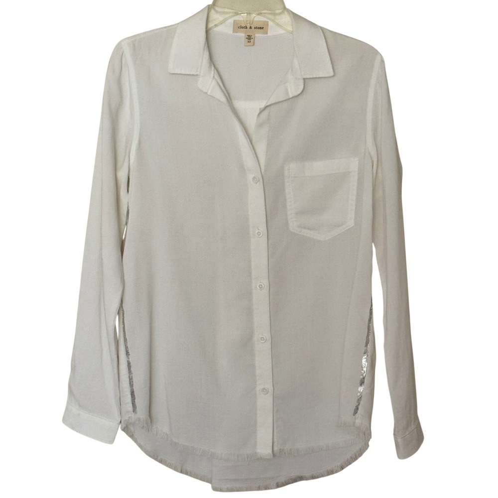 Cloth & Stone Button Down White Metallic Side Stripe Women XS